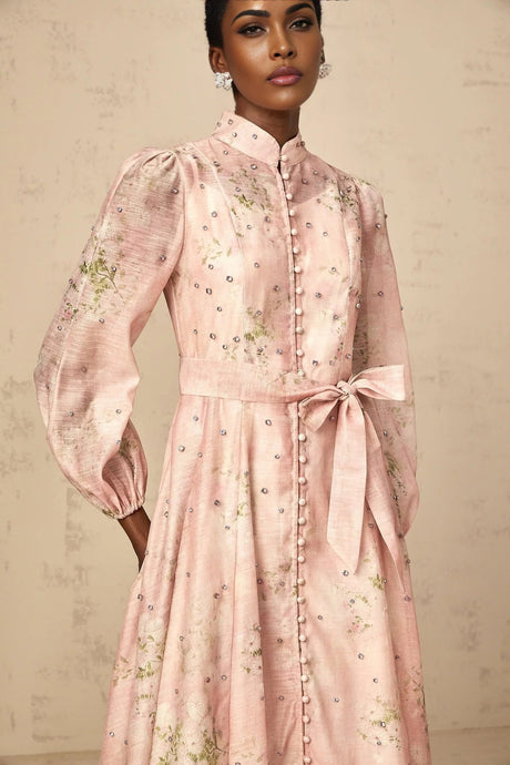 Valeria Midi Dress Floral Crystal Embellished Pink