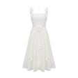 Valeria Midi Dress White Faux - Flower Square - Neck