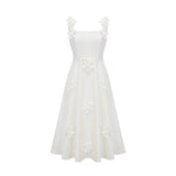 Valeria Midi Dress White Faux - Flower Square - Neck