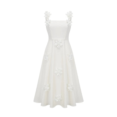 Valeria Midi Dress White Faux - Flower Square - Neck