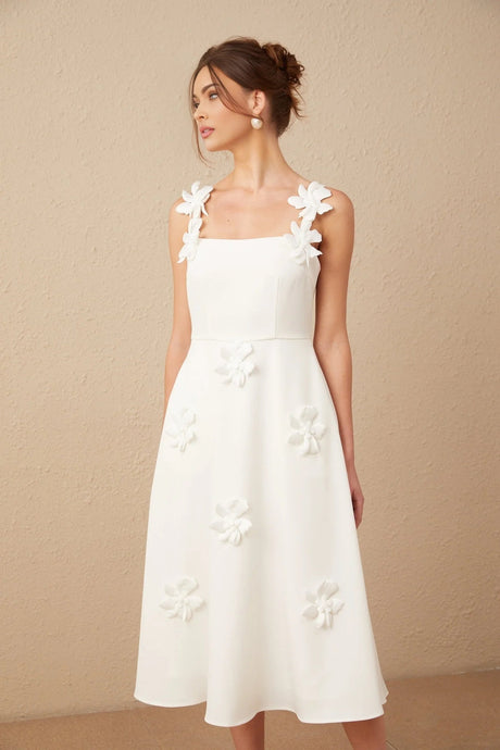 Valeria Midi Dress White Faux - Flower Square - Neck