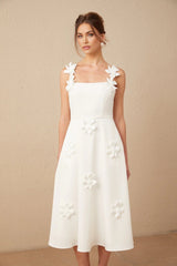 Valeria Midi Dress White Faux - Flower Square - Neck