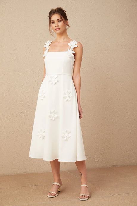 Valeria Midi Dress White Faux - Flower Square - Neck
