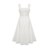 Valeria Midi Dress White Faux - Flower Square - Neck