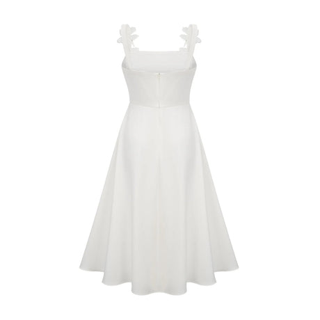 Valeria Midi Dress White Faux - Flower Square - Neck