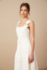 Valeria Midi Dress White Faux - Flower Square - Neck