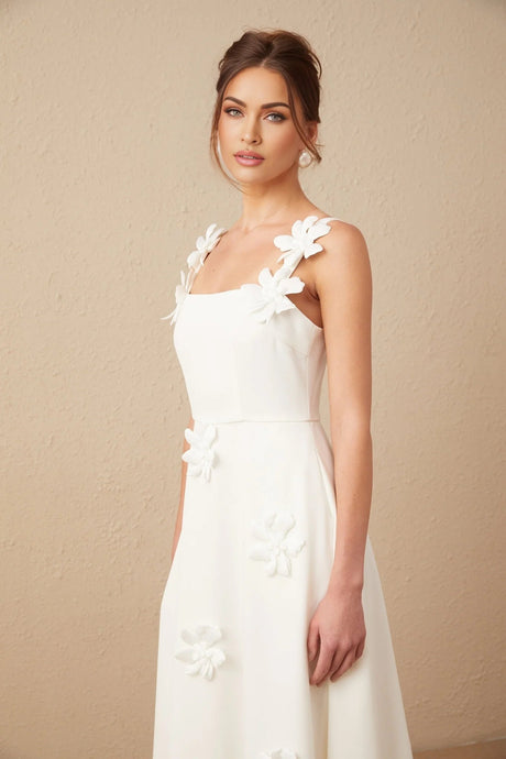 Valeria Midi Dress White Faux - Flower Square - Neck