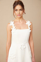 Valeria Midi Dress White Faux - Flower Square - Neck