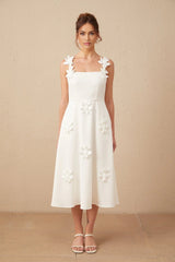 Valeria Midi Dress White Faux - Flower Square - Neck