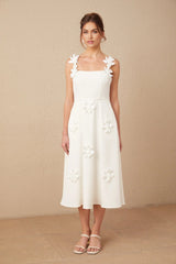 Valeria Midi Dress White Faux - Flower Square - Neck
