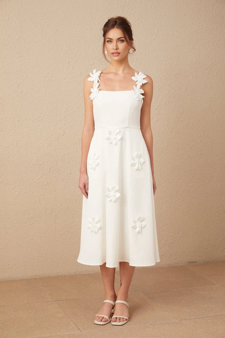 Valeria Midi Dress White Faux - Flower Square - Neck