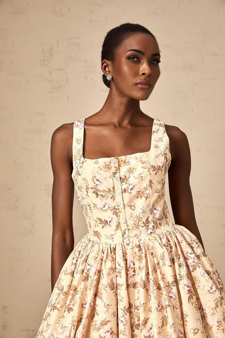 Valeria Midi Dress Yellow Floral Print Buttoned Front Slit - Elegant Pleat