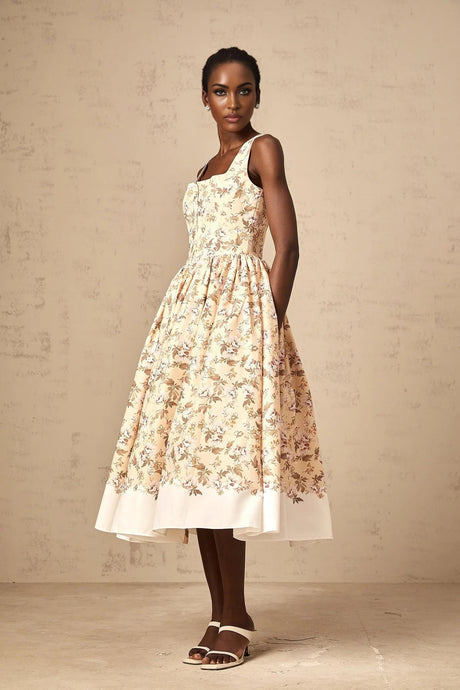 Valeria Midi Dress Yellow Floral Print Buttoned Front Slit - Elegant Pleat