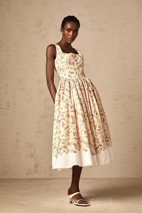 Valeria Midi Dress Yellow Floral Print Buttoned Front Slit - Elegant Pleat