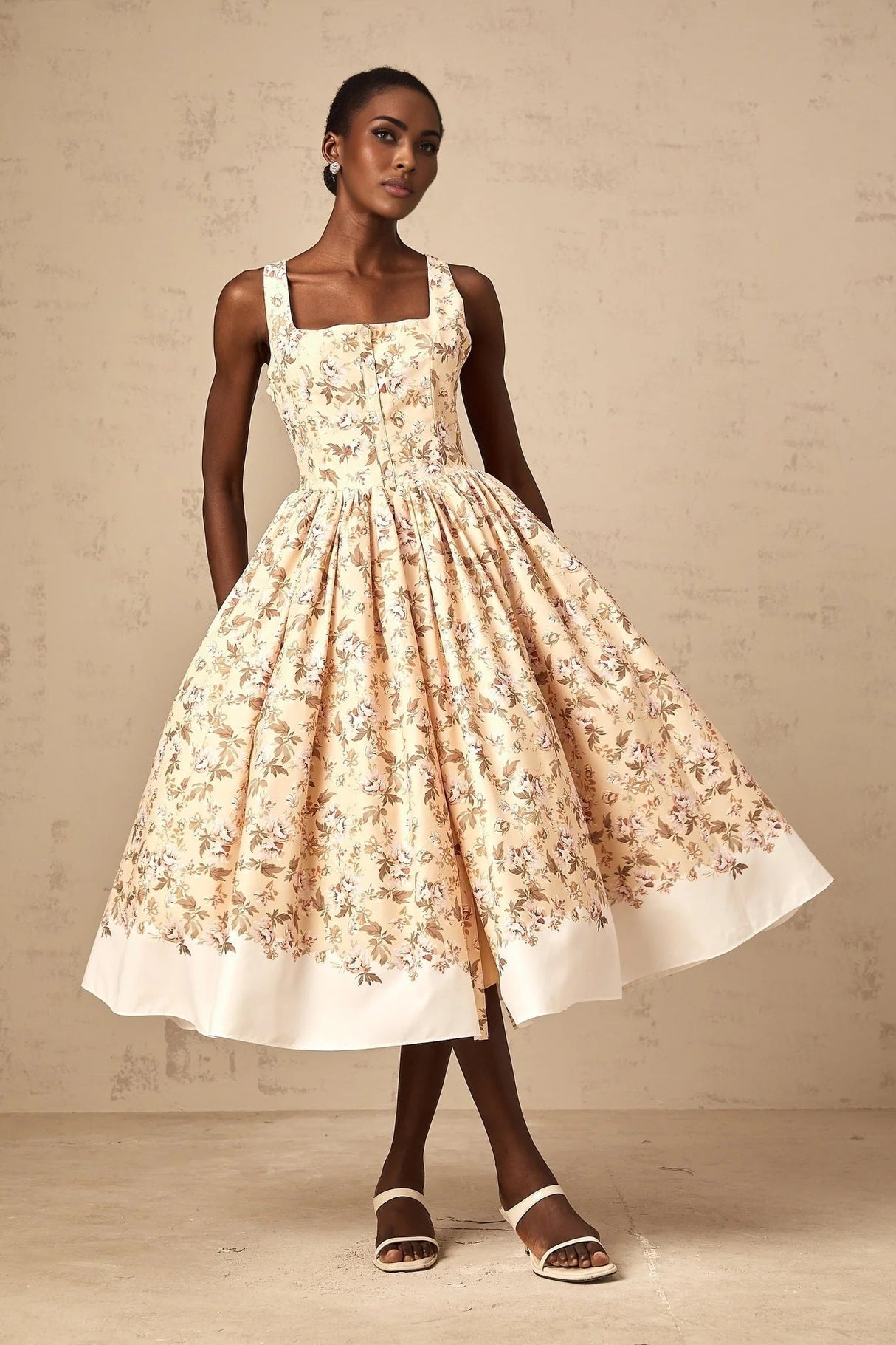 Valeria Midi Dress Yellow Floral Print Buttoned Front Slit - Elegant Pleat