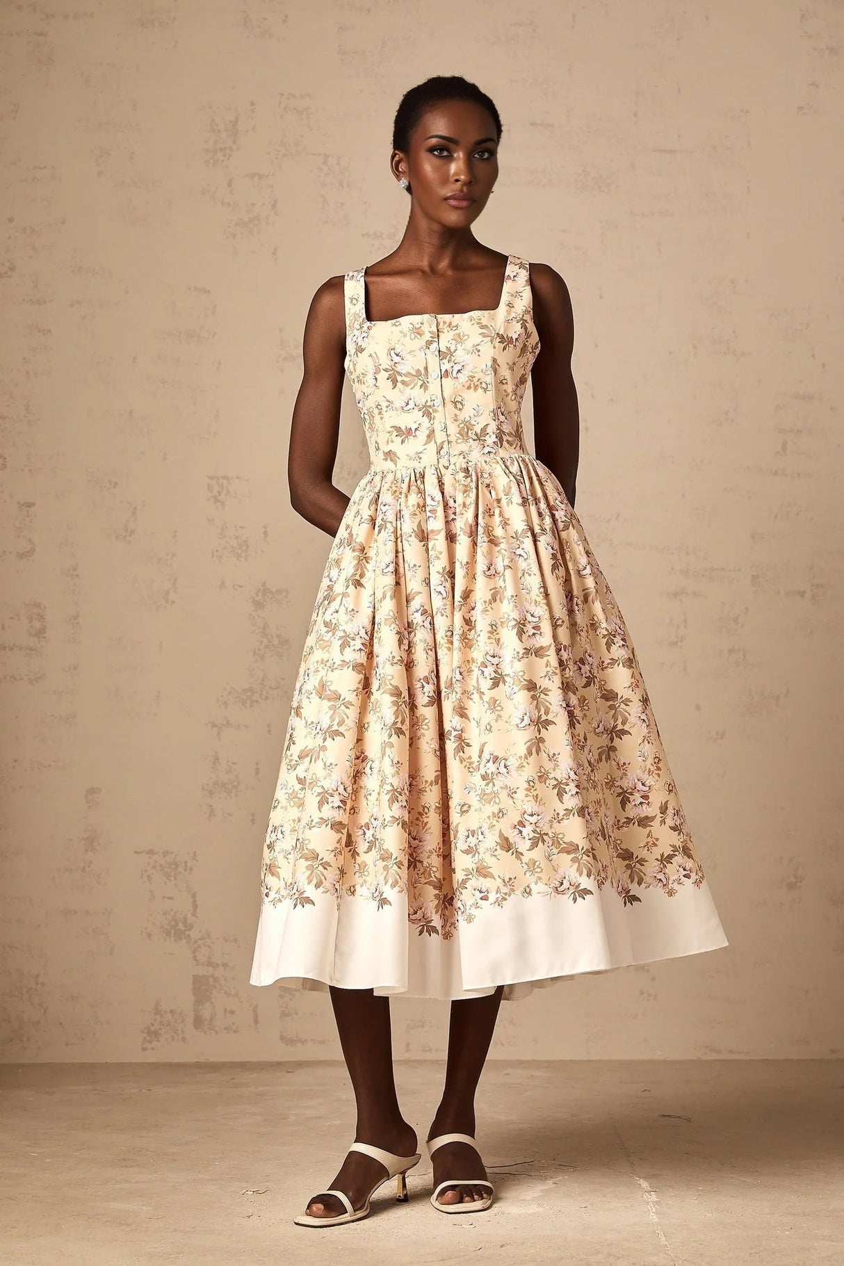Valeria Midi Dress Yellow Floral Print Buttoned Front Slit - Elegant Pleat