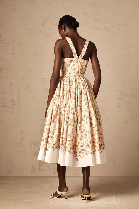 Valeria Midi Dress Yellow Floral Print Buttoned Front Slit - Elegant Pleat