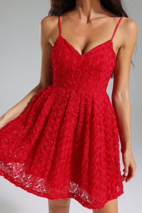 Valeria Red Floral Dress V-neckline Adjustable Straps