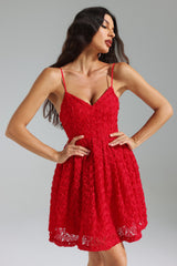 Valeria Red Floral V-Neck Flared Dress
