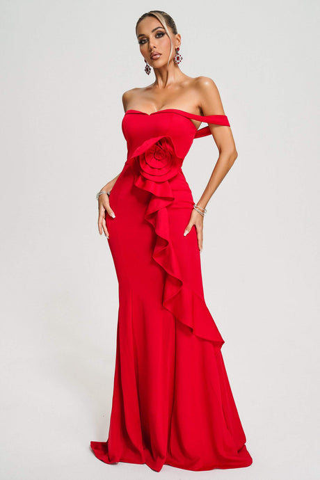 Valeria Red Off-Shoulder Maxi Dress with Ruffled Detailing and Floral Embellishment
