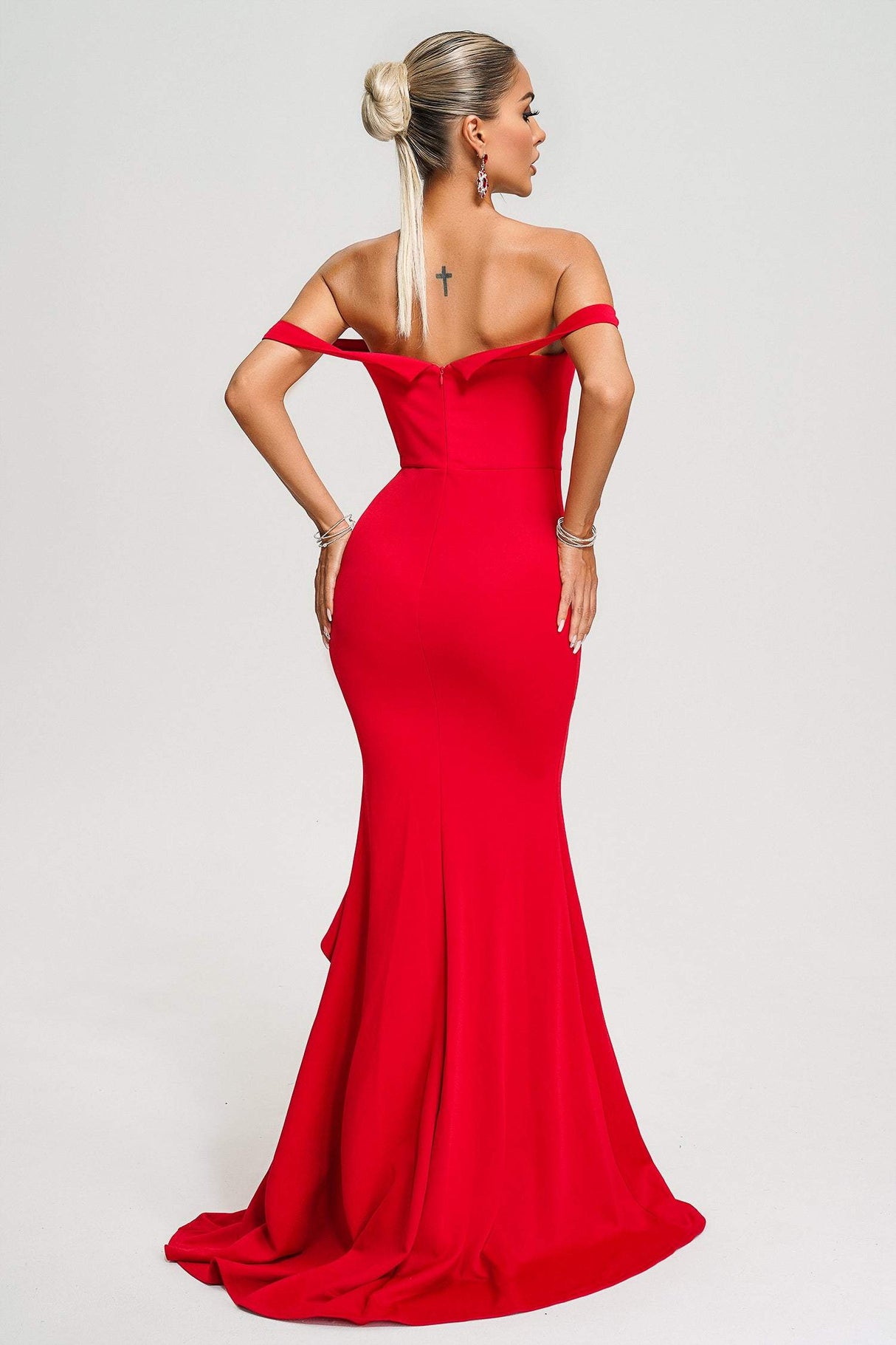 Valeria Red Off-Shoulder Maxi Dress with Ruffled Detailing and Floral Embellishment