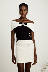 Valeria Top Black & White Knit Bow Detail Cropped