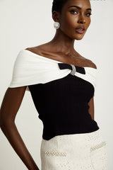 Valeria Top Black & White Knit Bow Detail Cropped