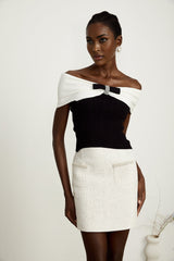 Valeria Top Black & White Knit Bow Detail Cropped