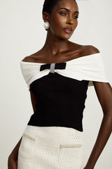 Valeria Top Black & White Knit Bow Detail Cropped
