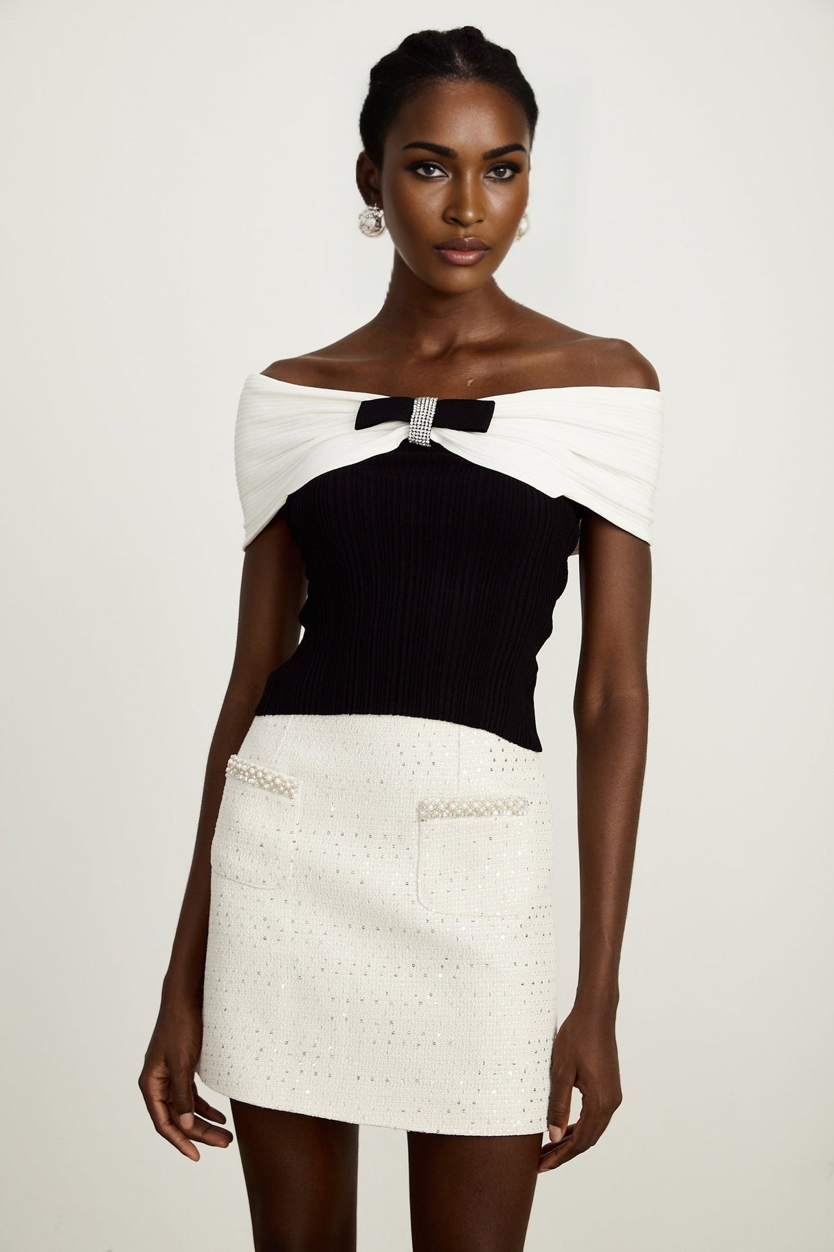 Valeria Top Black & White Knit Bow Detail Cropped