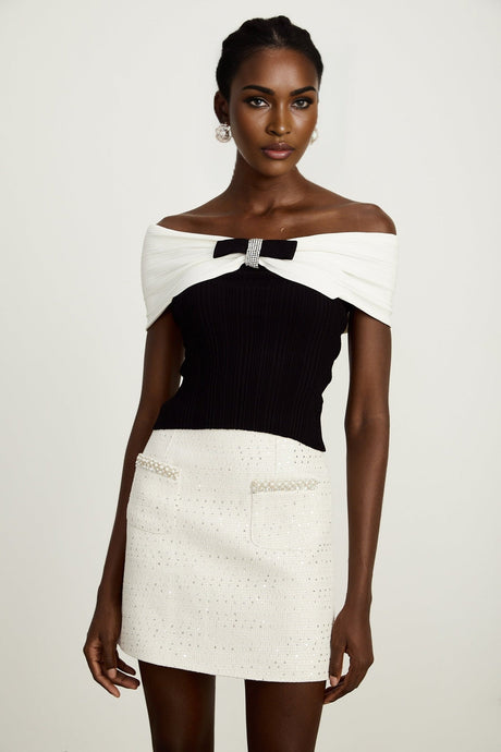 Valeria Top Black & White Knit Bow Detail Cropped