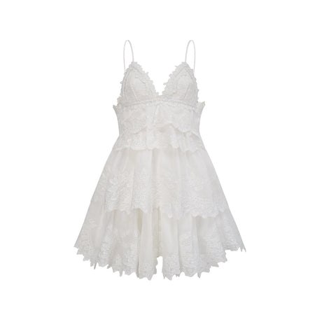 Valeria white guipurelace tiered mini dress