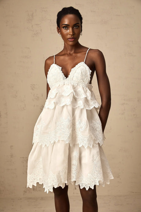 Valeria white guipurelace tiered mini dress