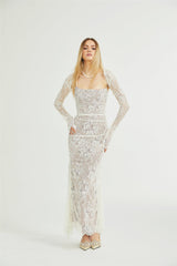 Valérie white floral lace mesh maxi dress