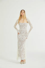 Valérie white floral lace mesh maxi dress
