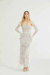 Valérie white floral lace mesh maxi dress