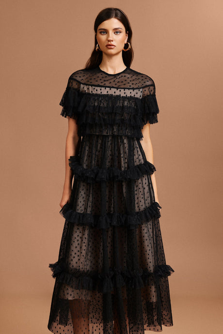 Vanessa Black Dot Print Ruffle Dress for Women