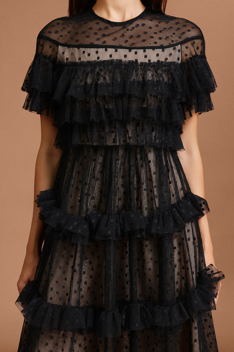 Vanessa Black Dot Print Ruffle Tiered Dress