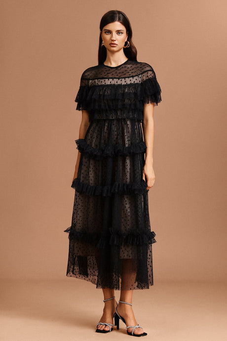 Vanessa Black Dot Print Ruffled Dress