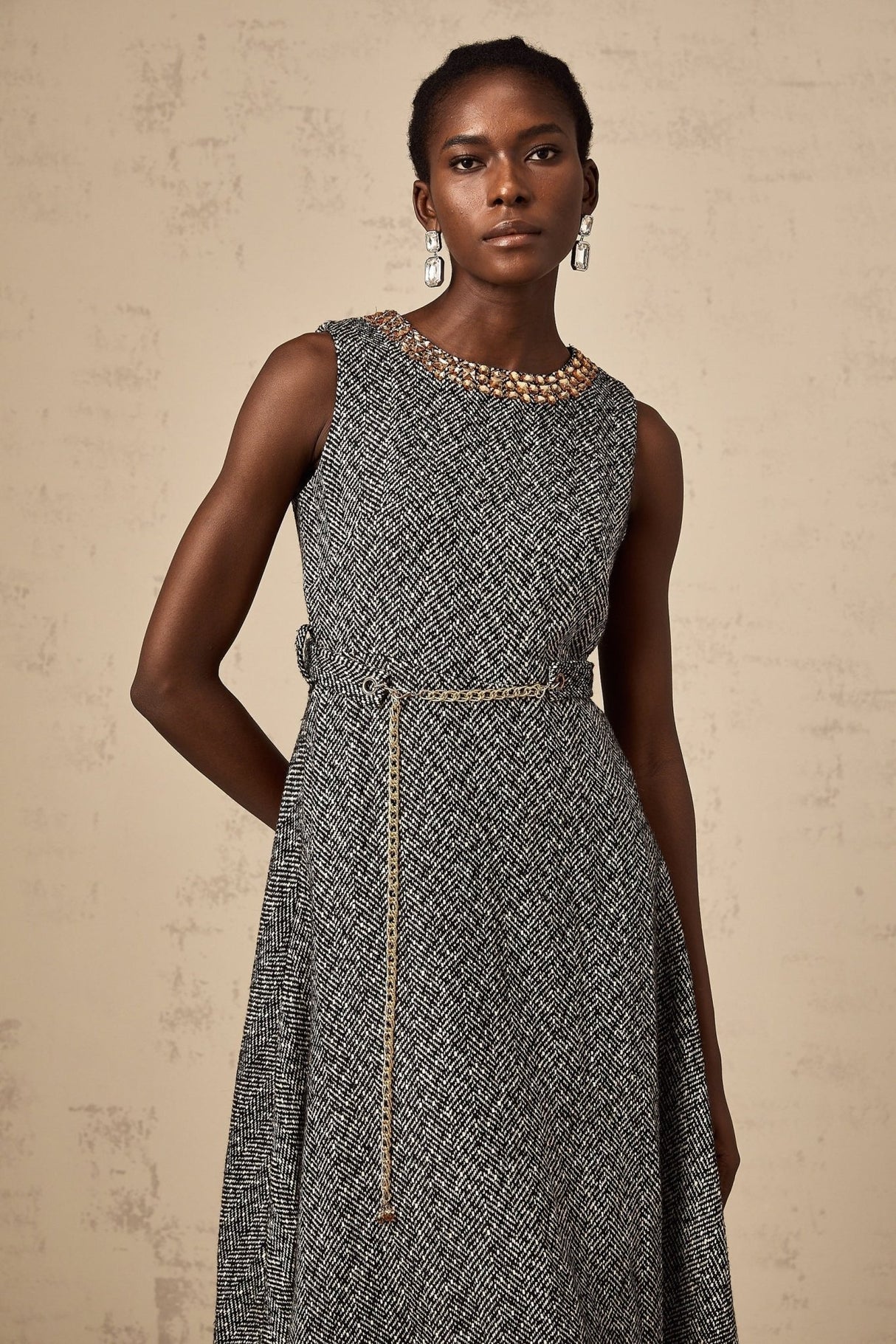 Vanessa Midi Dress Crystal Embellished Chain Link Flare Waist in Grey