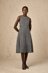 Vanessa Midi Dress Crystal Embellished Chain Link Flare Waist in Grey
