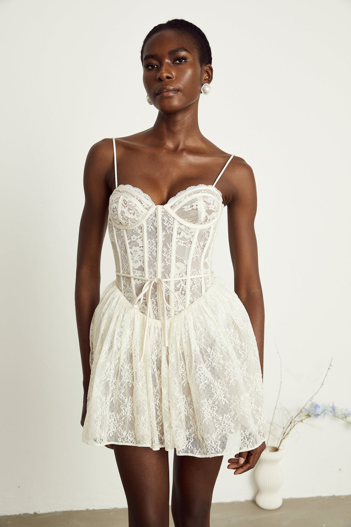 Vanessa Mini Dress Lace Corset White Pleated & Strap