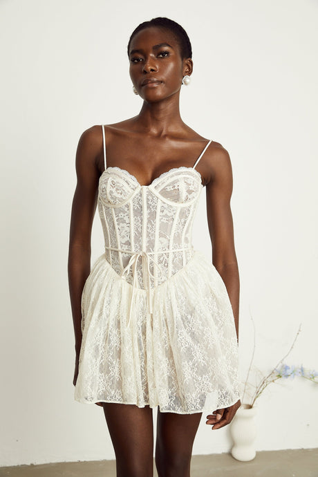 Vanessa Mini Dress Lace Corset White Pleated & Strap