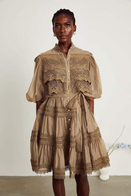 Vanessa Mini Dress Olive Green Lace Detail Flare & Layered