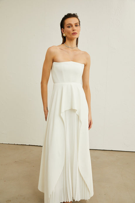 Vanessa white pleated offshoulder maxi dress