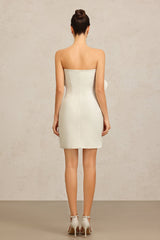 Vera Beige Ruffle Mini Dress Elegant Strapless Neckline Sophisticated Folds Versatile Style Practicality Parties Events