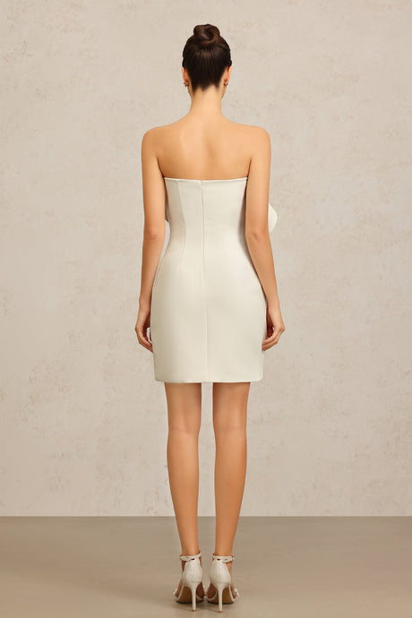 Vera Beige Ruffle Mini Dress Elegant Strapless Neckline Sophisticated Folds Versatile Style Practicality Parties Events