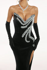 Vera Black Formal Gown with High Slit and Diamante Detailing