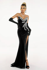 Vera Black Formal Gown with High Slit and Diamante Detailing