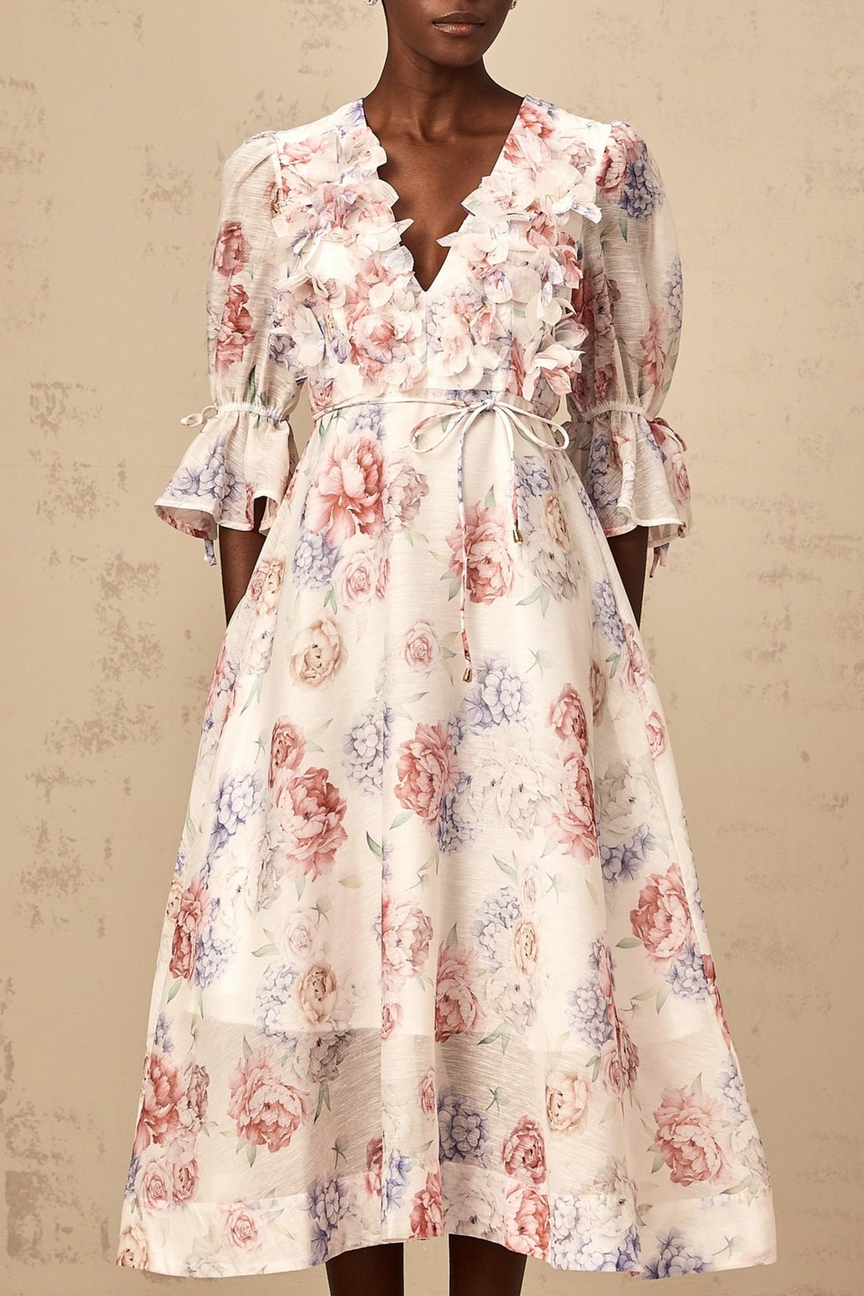 Vera Floral Midi Dress with Plunging Vneck & 3D Petal Detailing
